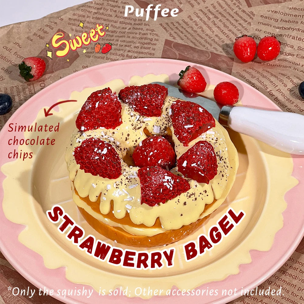 Bagel Food-grade Silicone Squishy, Creamy Soft Adhesive Toy, Taba Squishy, Happy Game Pinching Bread, Strawberry, Crunch, Crispy